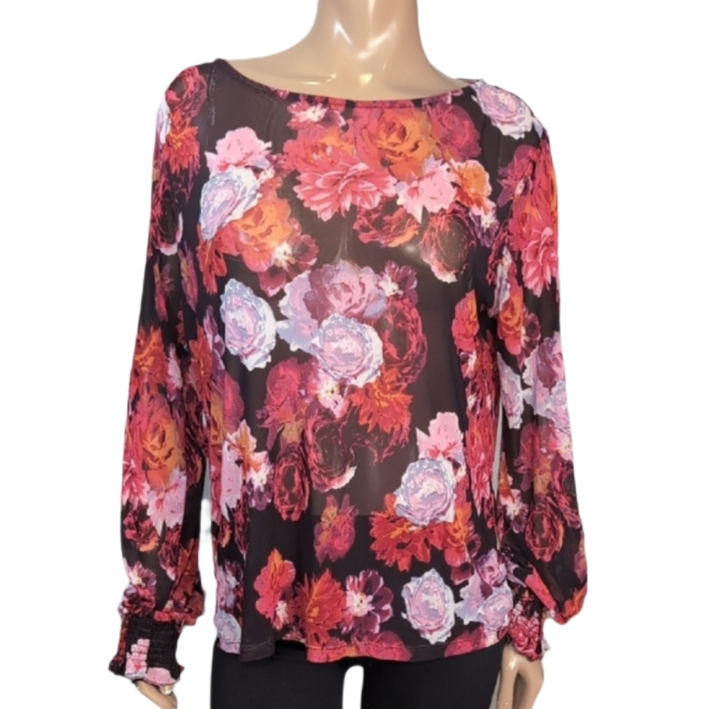 George Sheer Pink Floral Blouse Womens Size XXL Long Sleeve Boat Neck Top